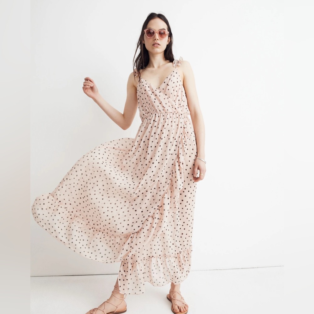 Madewell Pink Ruffle-Strap Wrap Dress in "Inkspot Dots" Sz 4